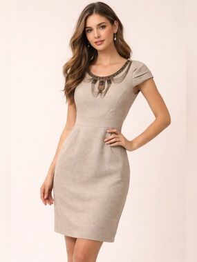 ANTONIO MELANI Beige Cap-Sleeve Sheath Dress with Beaded Collar